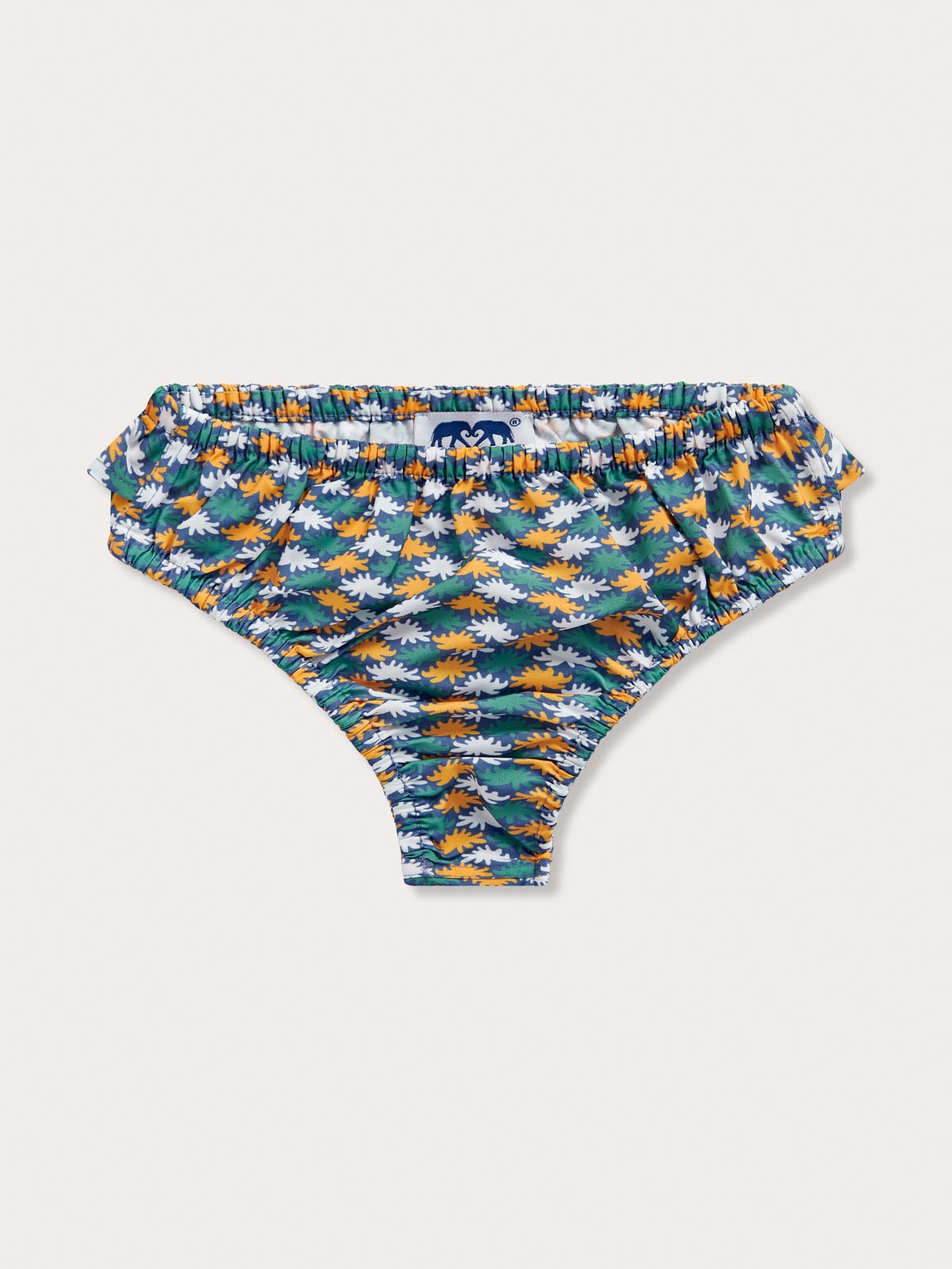 Girls Sea Flowers Calabash Baby Bottoms featuring a vibrant seafloor floral pattern with sea anemones in yellow ochre, white, and green on a deep blue base, made from 100% recycled materials.