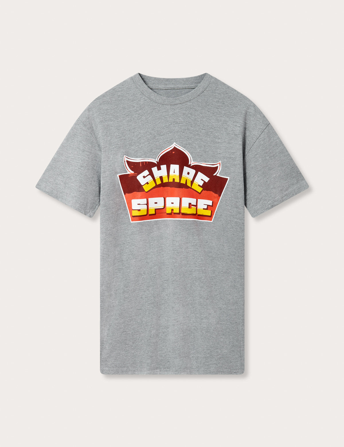 Heather Grey Cotton T-Shirt with a bold 'Share Space' emblem in vibrant Indian Truck art design on the front, made from 100% high-quality cotton.