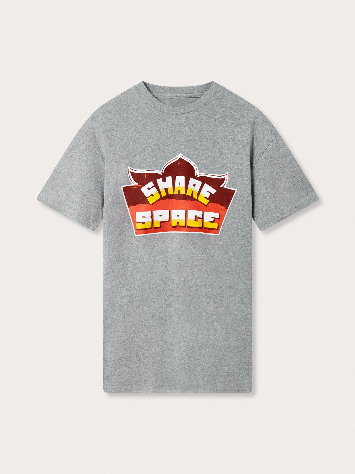 Heather Grey Cotton T-Shirt with a bold 'Share Space' emblem in vibrant Indian Truck art design on the front, made from 100% high-quality cotton.