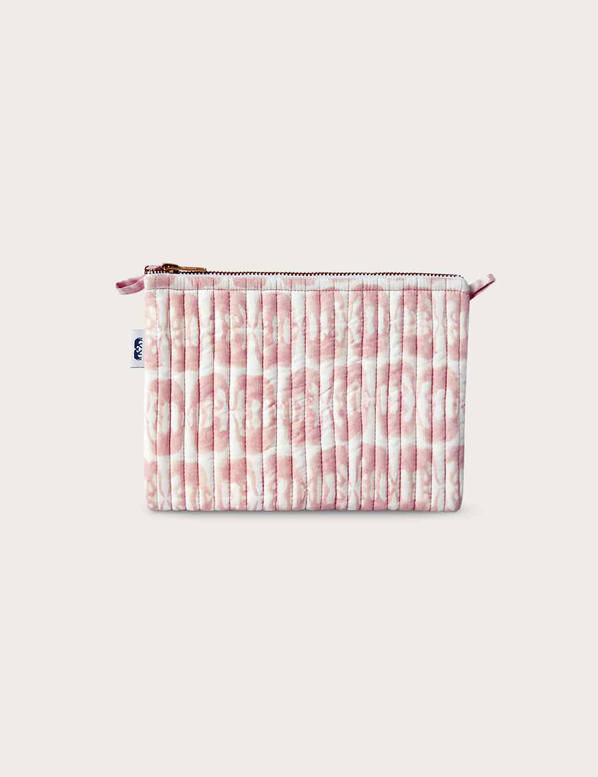 Quilted clutch bag featuring pink 'Elephants of India' block-print cotton.