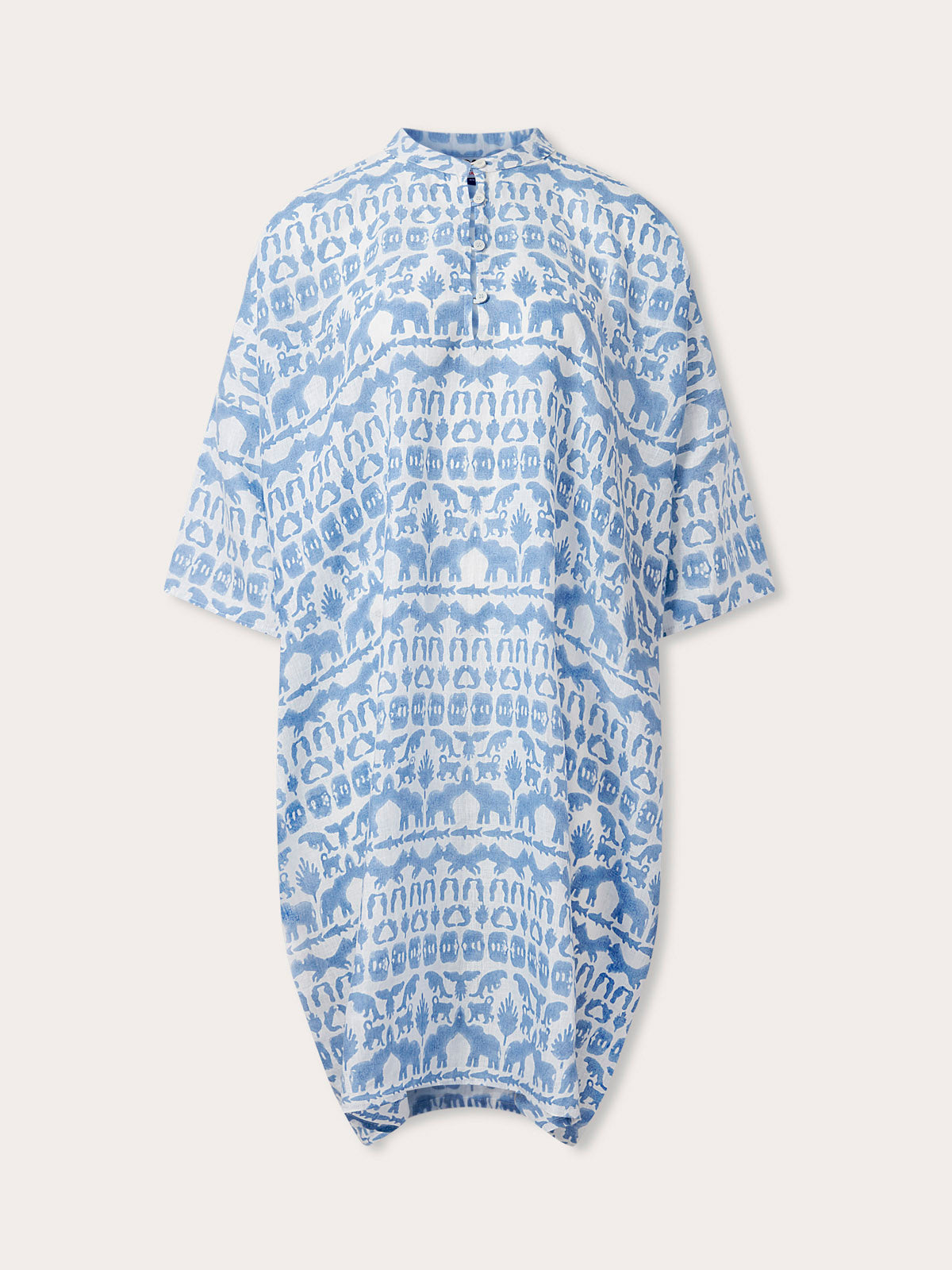 Linen Poncho with Coexist print, featuring Indian jungle animals in sky blue on premium Belgian linen.