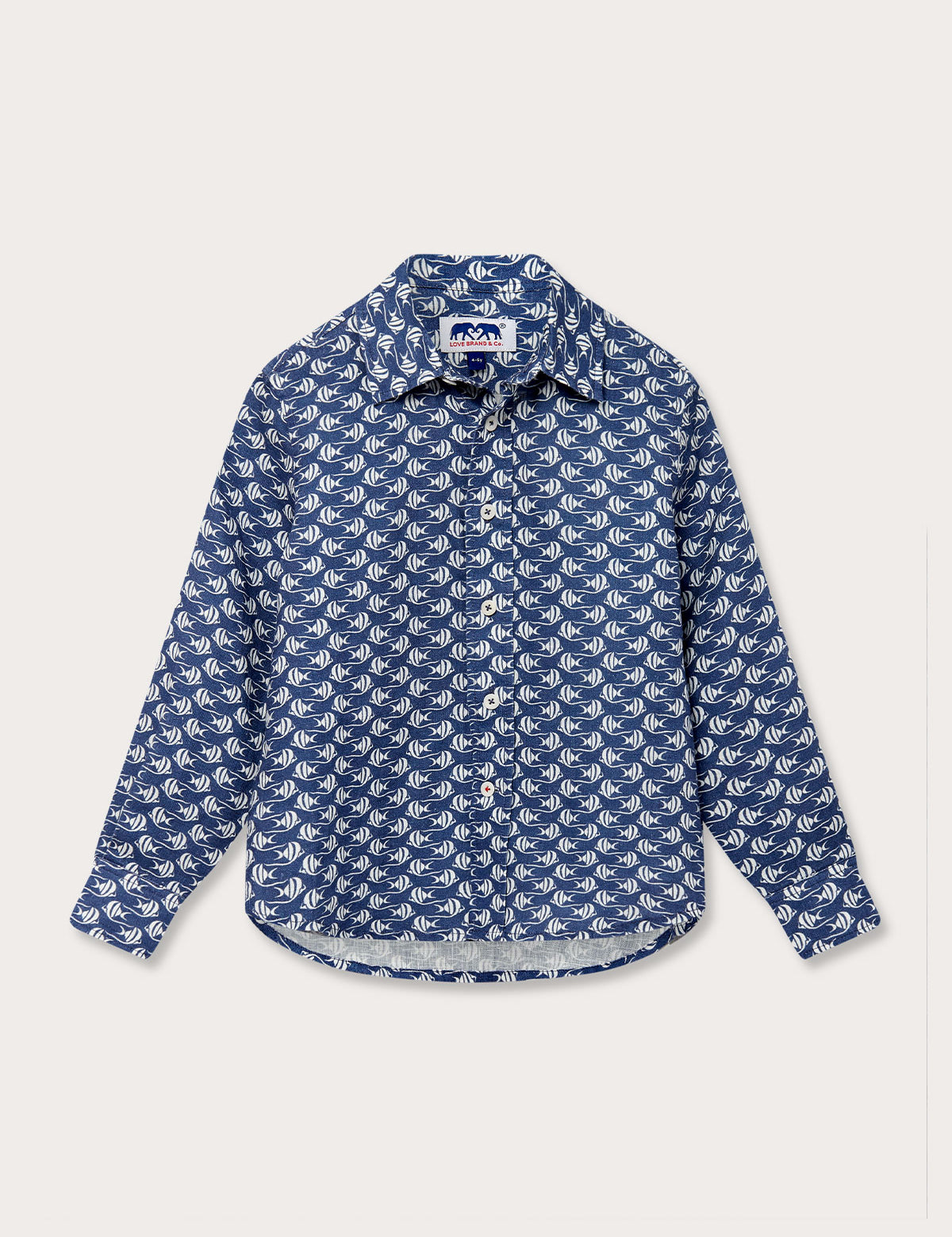 Boys Go With the Flow Abaco Linen Shirt with Moorish Idol fish design on a deep blue background.