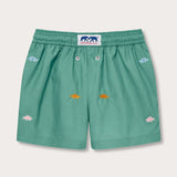 Boys Primavera Staniel Swim Shorts in riviera green with embroidered sea flowers, featuring an elastic waistband and a soft, fast-drying material.