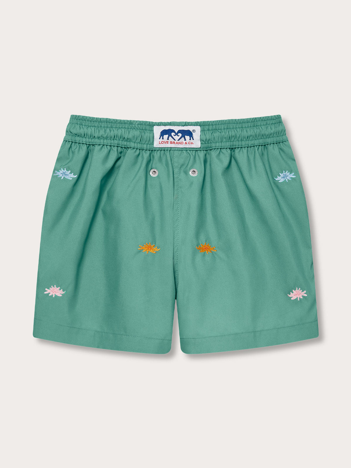 Boys Primavera Staniel Swim Shorts in riviera green with embroidered sea flowers, featuring an elastic waistband and a soft, fast-drying material.