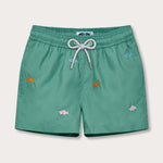 Boys Primavera Staniel Swim Shorts in riviera green with embroidered sea flowers.