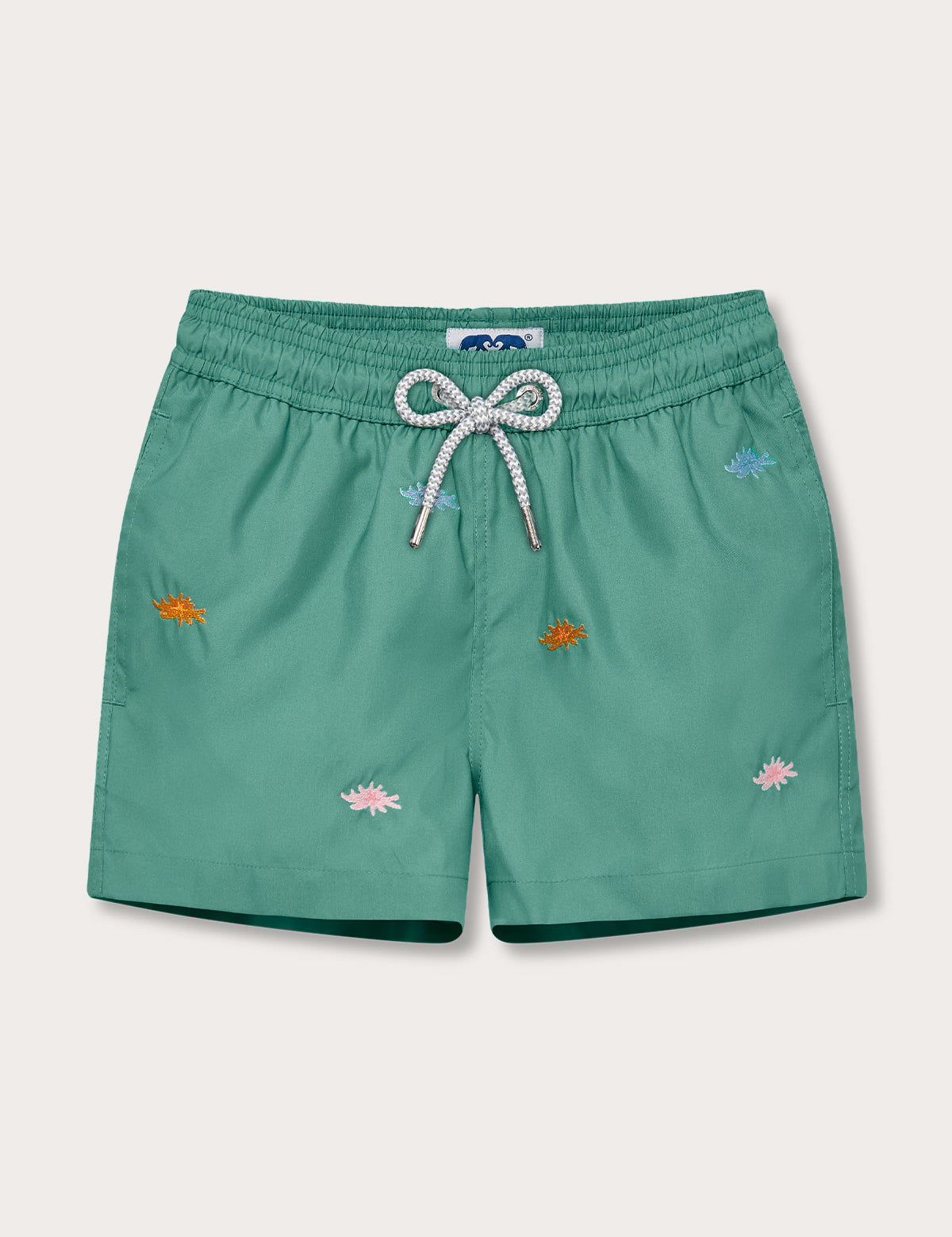 Boys Primavera Staniel Swim Shorts in riviera green with embroidered sea flowers.