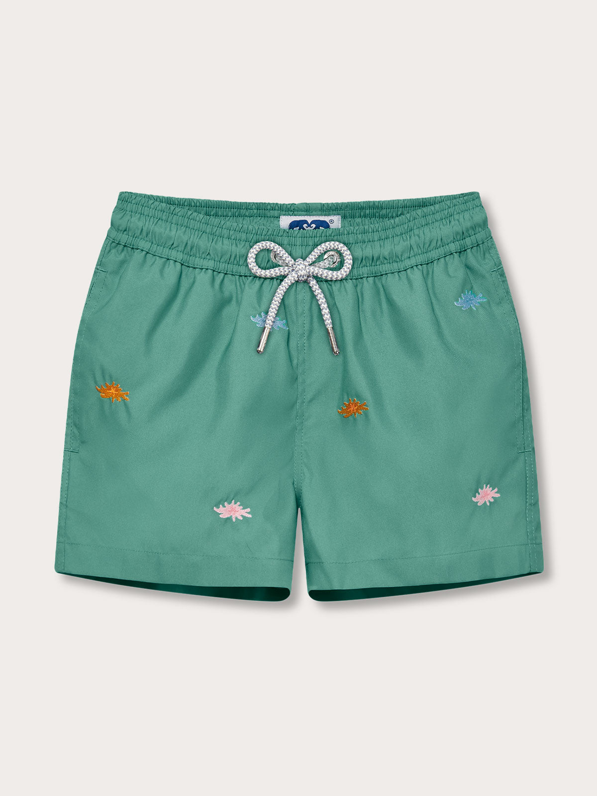 Boys Primavera Staniel Swim Shorts in riviera green with embroidered sea flowers.