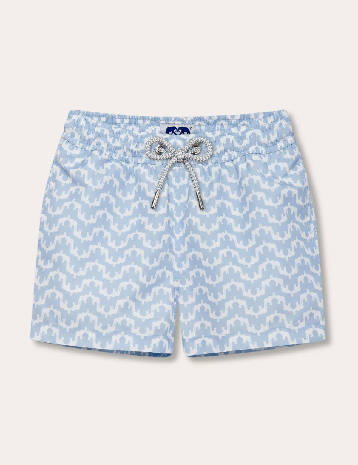 Boys Elephant Palace Sky Staniel Swim Shorts in light blue with elephant and palace print and a white drawstring.