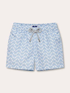 Boys Elephant Palace Sky Staniel Swim Shorts in light blue with elephant and palace print and a white drawstring.