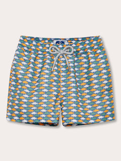 Boys Sea Flowers Staniel Swim Shorts with a pattern of sea anemones in yellow ochre, white, and green on a deep blue background.