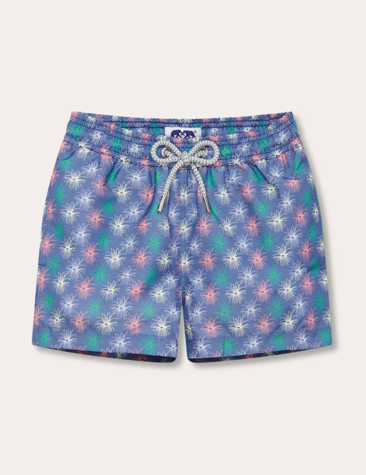 Boys Dont be Anemone Staniel Swim Shorts in blue with vibrant, colorful sea anemone print.