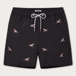 Men's Lake Nakuru Embroidered Staniel Swim Shorts with pink flamingo embroidery on black quick-drying fabric.