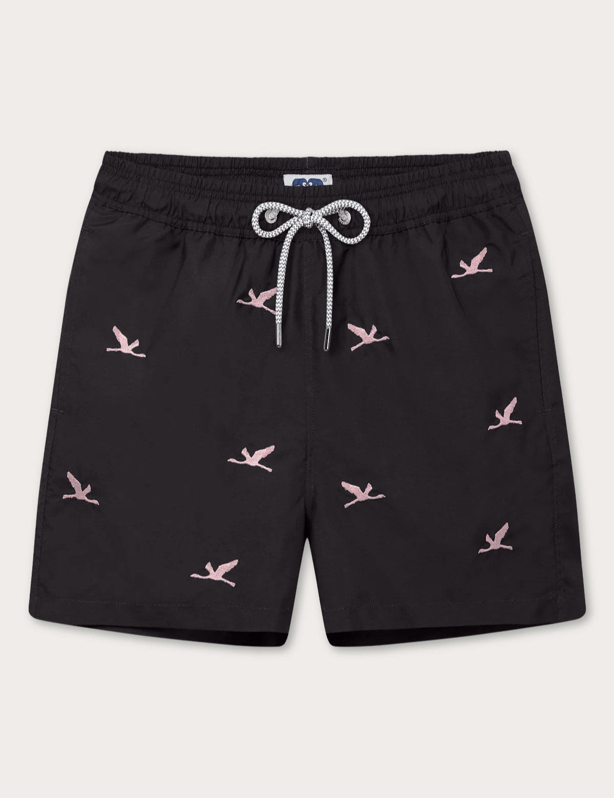 Men's Lake Nakuru Embroidered Staniel Swim Shorts with pink flamingo embroidery on black quick-drying fabric.