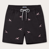 Men's Lake Nakuru Embroidered Staniel Swim Shorts with pink flamingo embroidery on black quick-drying fabric.