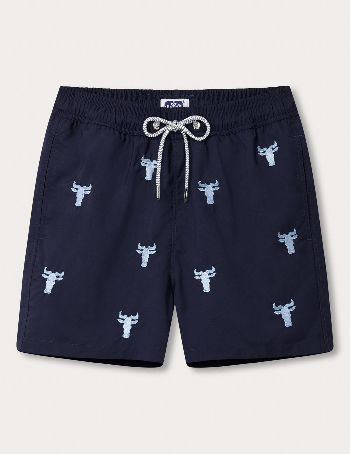 Men's Mara Crossing Embroidered Staniel Swim Shorts in navy, featuring Sky Blue embroidered wildebeest motifs. Patterned swim shorts with a drawstring waistband.