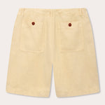 Men's Stone Burrow Linen Shorts back view displaying two pockets with buttons.