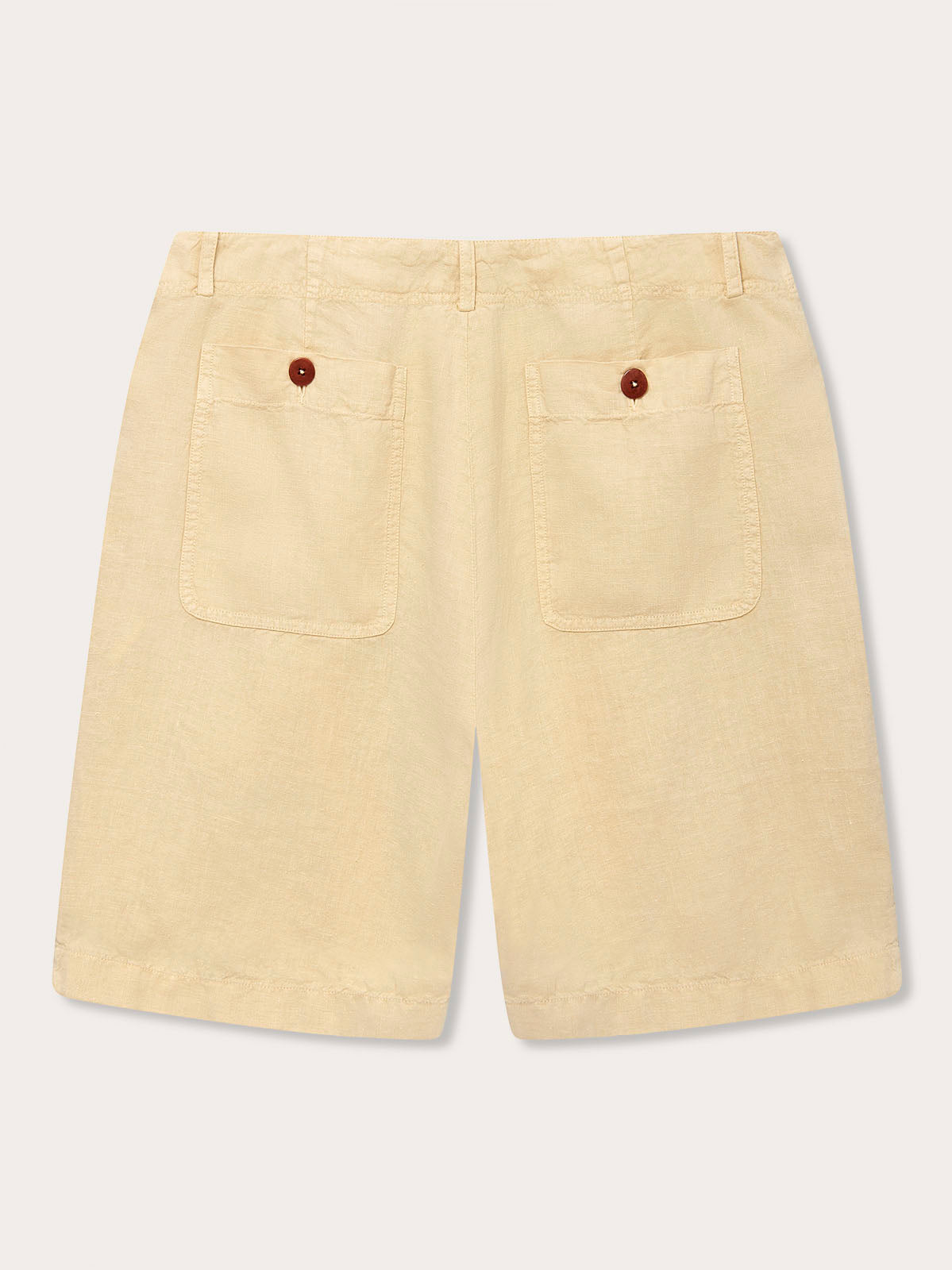 Men's Stone Burrow Linen Shorts back view displaying two pockets with buttons.