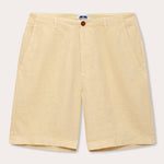 Men's Stone Burrow Linen Shorts in beige, front view, showcasing comfortable and breathable fabric suitable for warm temperatures.