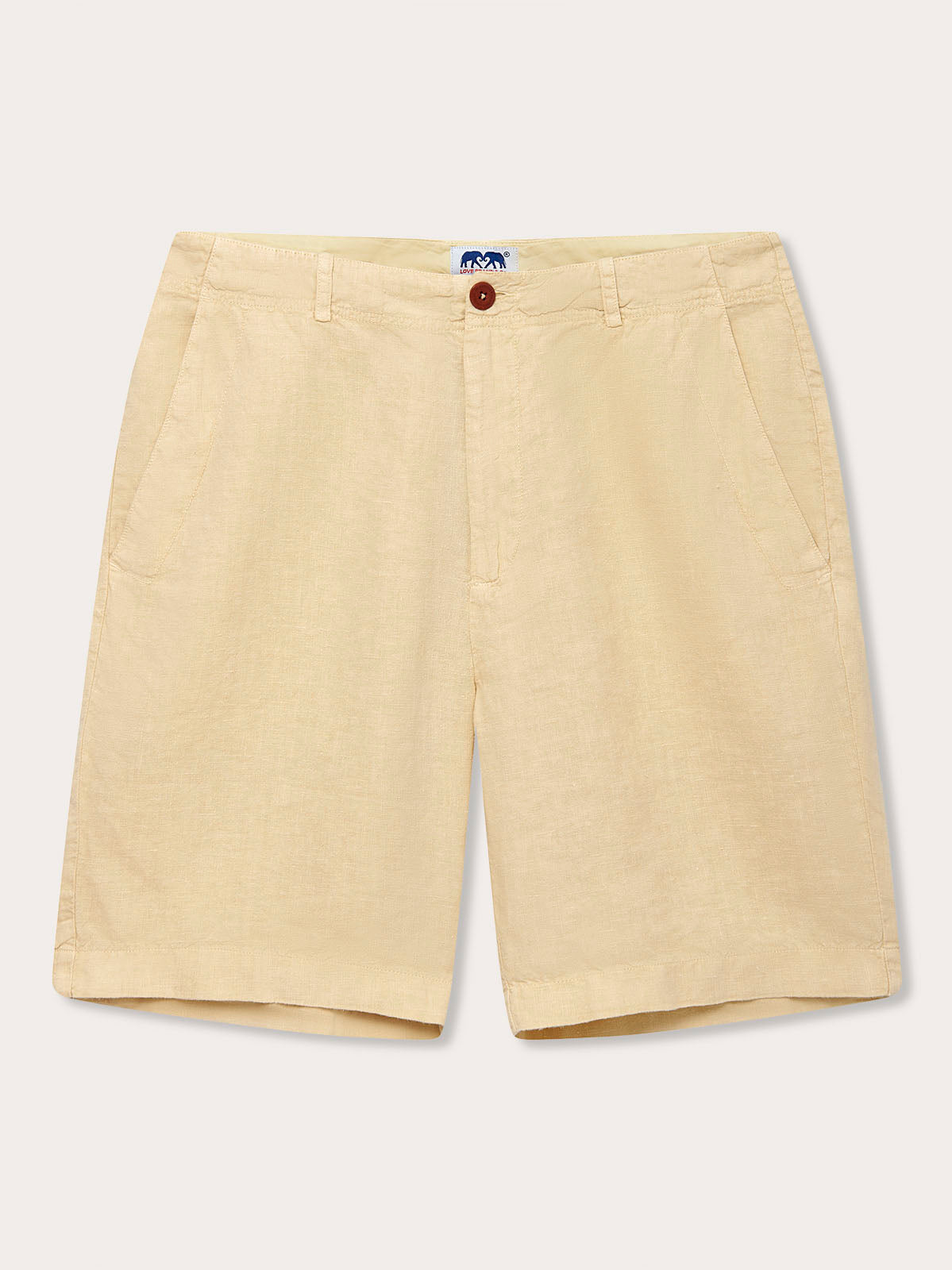 Men's Stone Burrow Linen Shorts in beige, front view, showcasing comfortable and breathable fabric suitable for warm temperatures.