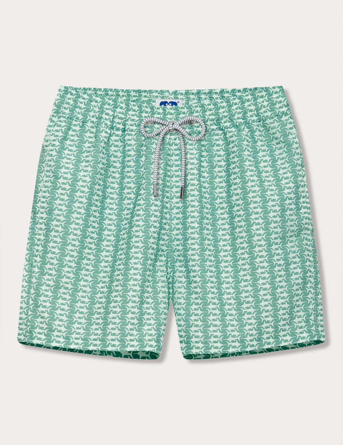 Men's Angarde Staniel Swim Shorts with swordfish print in green tones. Patterned swim shorts made from quick-dry 100% recycled materials.