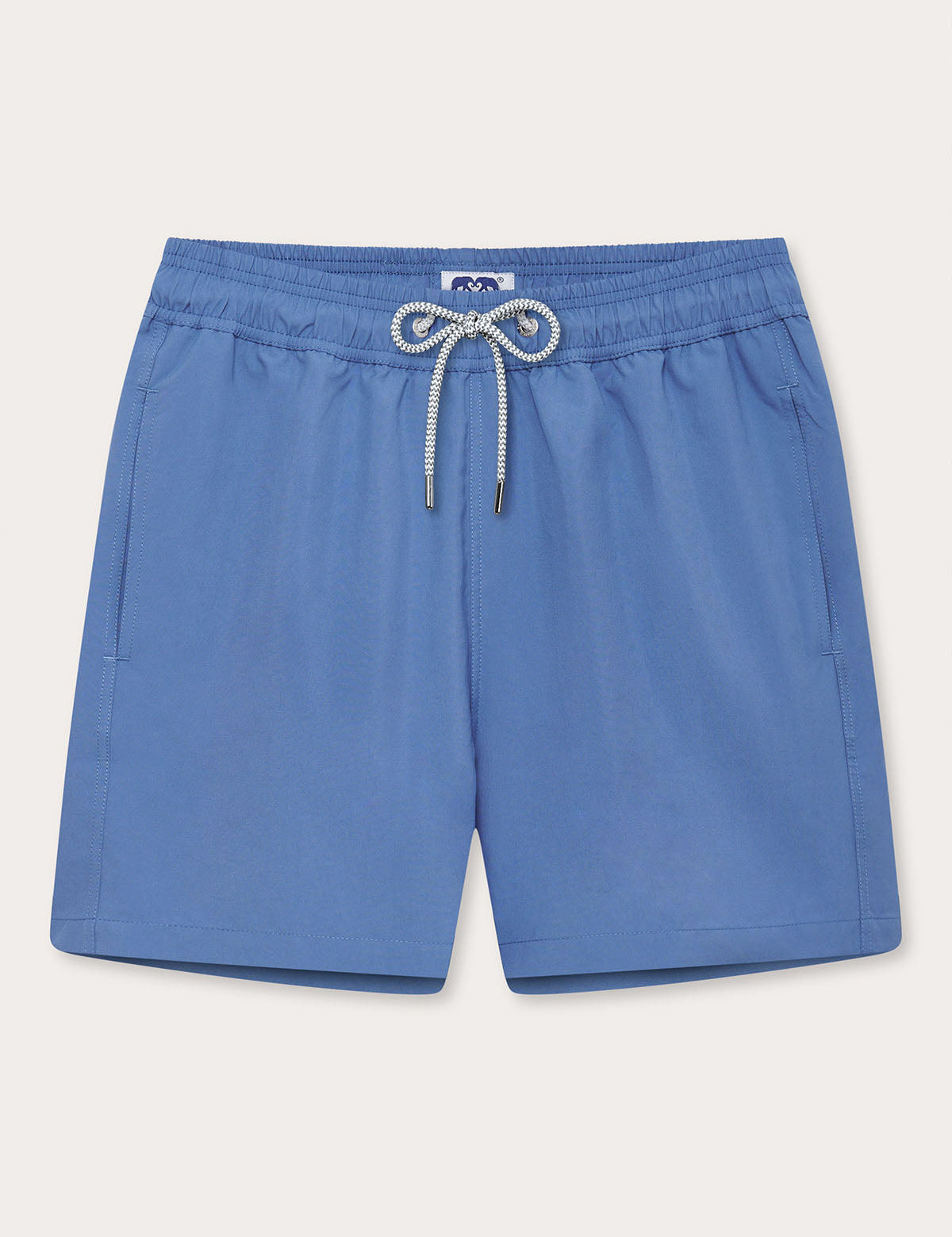 Men's Deep Blue Staniel Swim Shorts front view. Plain swim shorts featuring drawstring tie and elasticated waist.