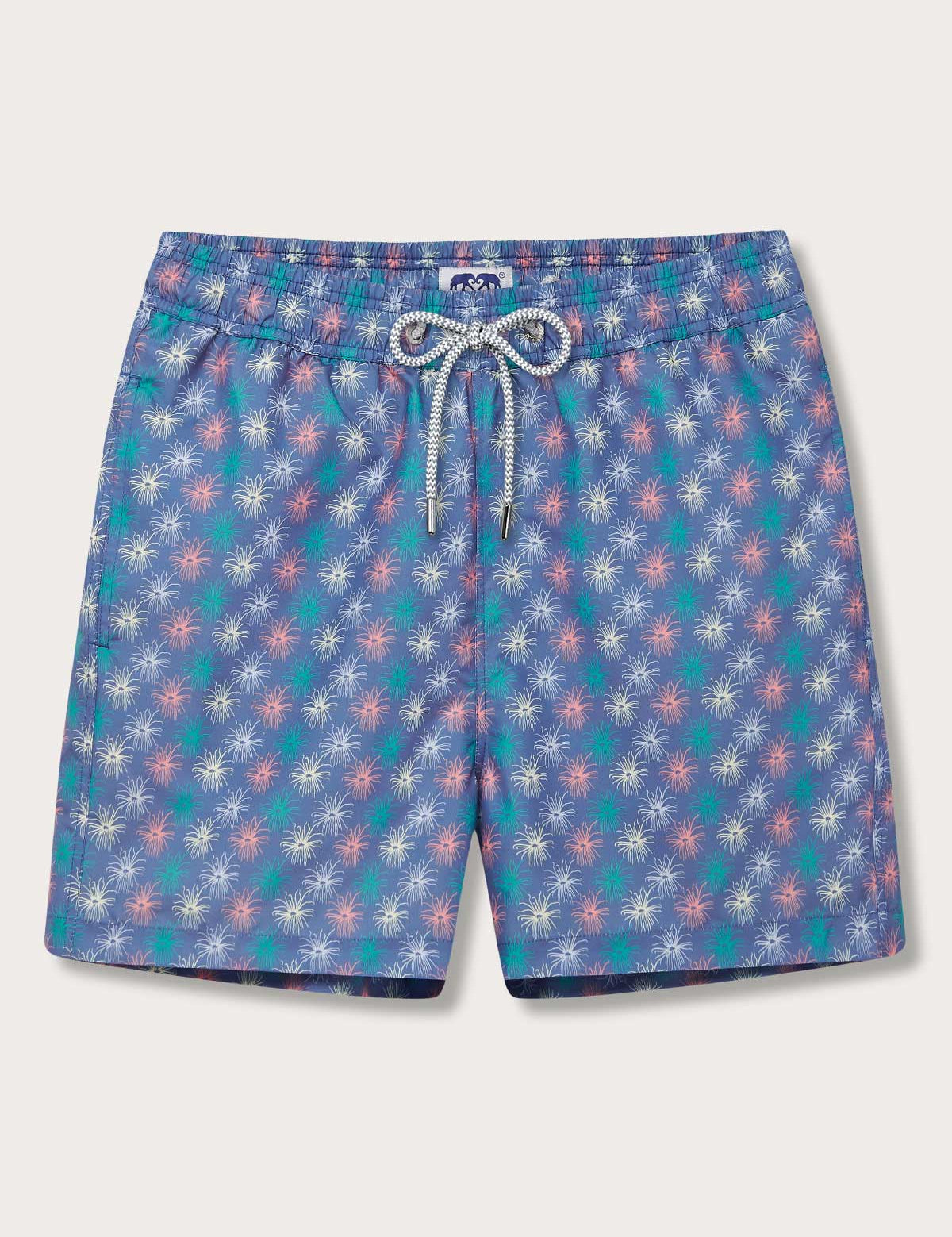 Men's Dont be Anemone Staniel Swim Shorts with a vibrant sea anemone print. Patterned swim shorts featuring a blue background and iridescent colors, made from 100% recycled materials.