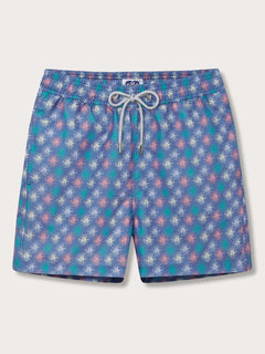 Men's Dont be Anemone Staniel Swim Shorts with a vibrant sea anemone print. Patterned swim shorts featuring a blue background and iridescent colors, made from 100% recycled materials.