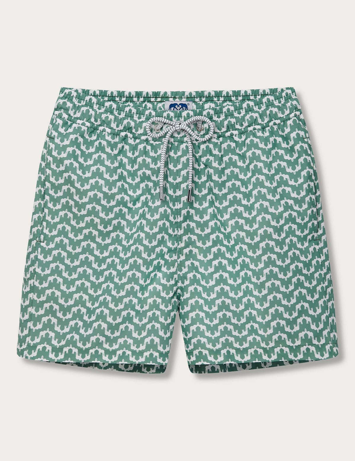 Men's Elephant Palace Green Staniel Swim Shorts with a stylish elephant and Indian palace illusion print. Patterned swim shorts made from 100% recycled quick-dry material.