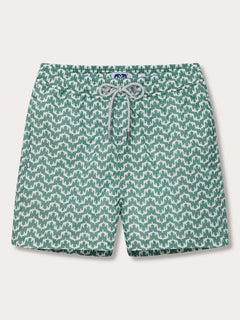 Men's Elephant Palace Green Staniel Swim Shorts with a stylish elephant and Indian palace illusion print. Patterned swim shorts made from 100% recycled quick-dry material.