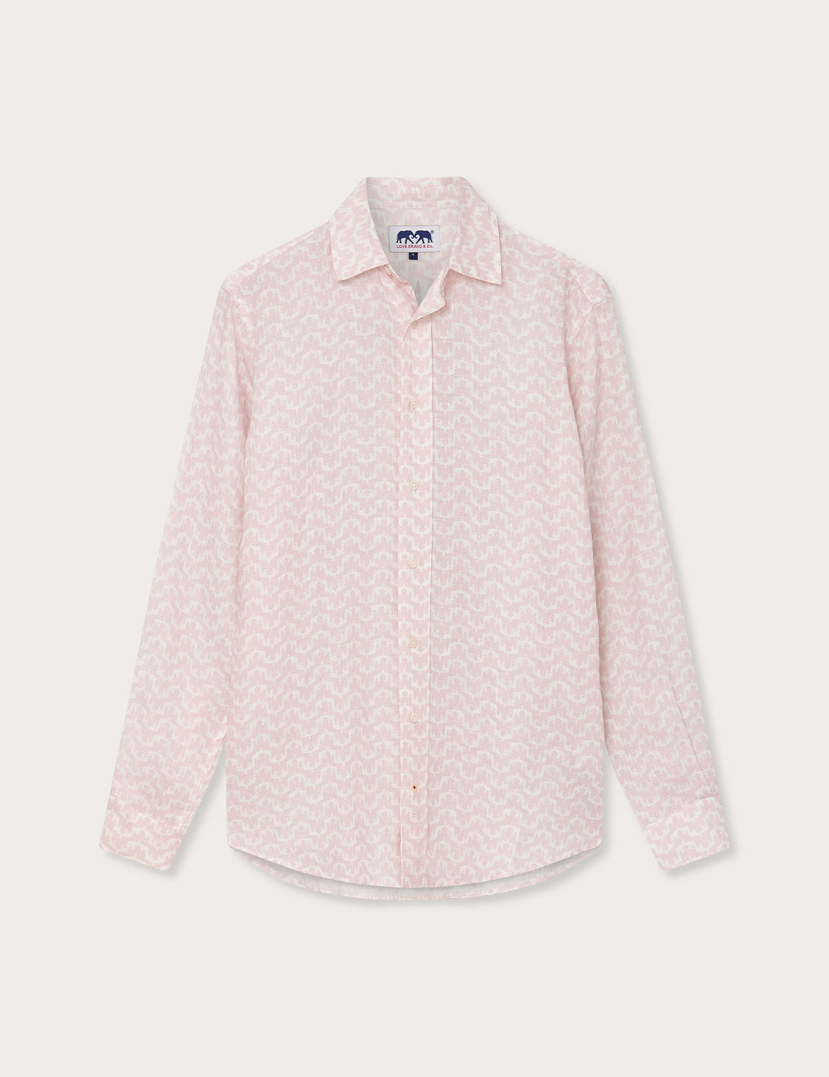 Men's Elephant Palace Pink Abaco Linen Shirt hanging on a white background. Old money shirts featuring a light pink color with subtle patterns, long sleeves, and a collar.