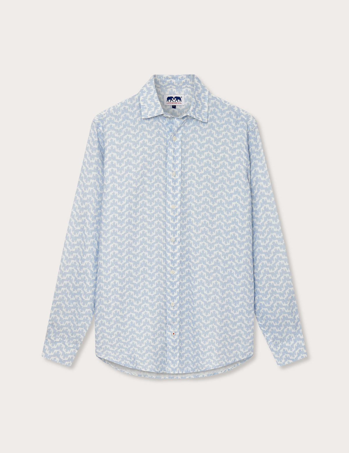 Men's long-sleeve linen shirt with elephant and palace print in light blue and white. Old money shirts made from 100% linen.