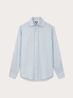 Men's long-sleeve linen shirt with elephant and palace print in light blue and white. Old money shirts made from 100% linen.