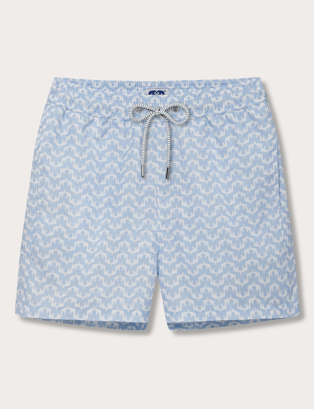 Elephant Palace Sky Staniel mens Swim Shorts. This design features white elephants raising their trunks to create a pattern that resembles Indian palaces on a sky blue background.