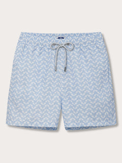 Elephant Palace Sky Staniel mens Swim Shorts. This design features white elephants raising their trunks to create a pattern that resembles Indian palaces on a sky blue background.