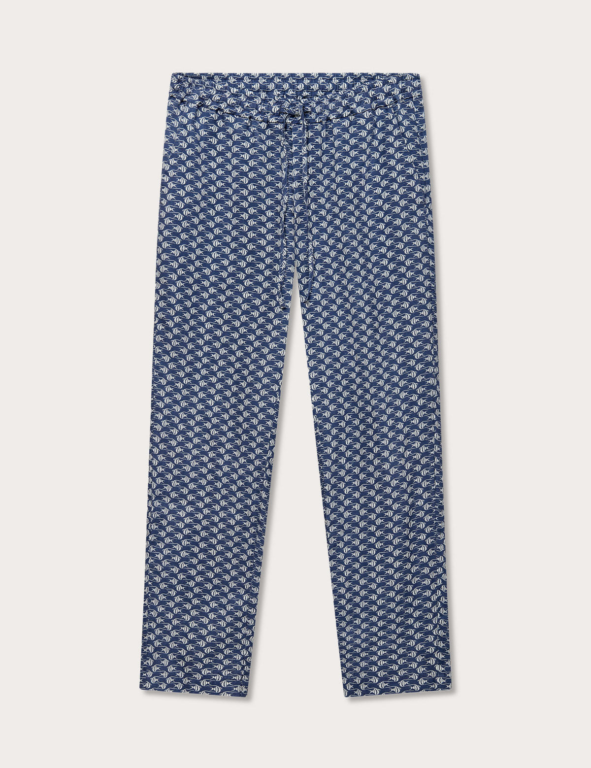 Men's Go with the Flow Eleuthera Linen Trousers. Drawstring trouser with Moorish Idol fish print on a deep blue base. Navy blue linen trousers with white print.