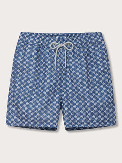 Men's Go With the Flow Staniel Swim Shorts featuring a Moorish Idol fish print on a deep blue background.