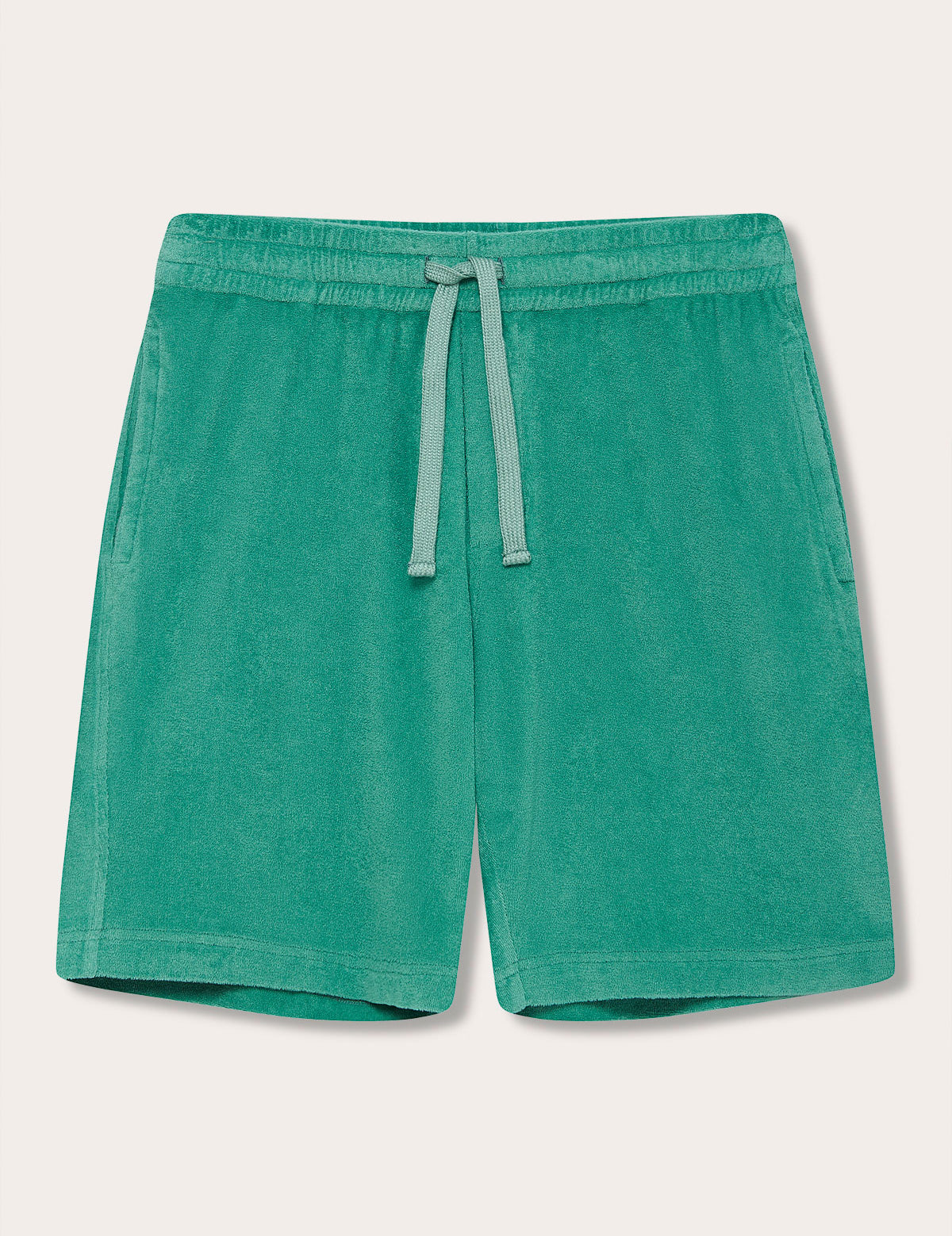 Men's Riviera Green Holmes Terry Shorts made from 100% organic cotton with an elastic waistband and wide cotton drawstring.