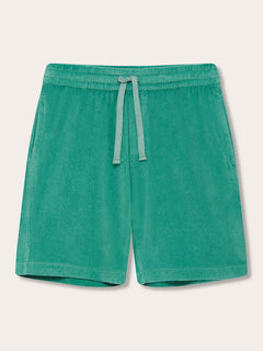 Men's Riviera Green Holmes Terry Shorts made from 100% organic cotton with an elastic waistband and wide cotton drawstring.