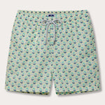 Men's Palm Sugar Staniel Swim Shorts with fan palm design, pale yellow and blue accents. Patterned swim shorts crafted from 100% recycled and quick-dry materials.