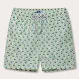 Men's Palm Sugar Staniel Swim Shorts with fan palm design, pale yellow and blue accents. Patterned swim shorts crafted from 100% recycled and quick-dry materials.