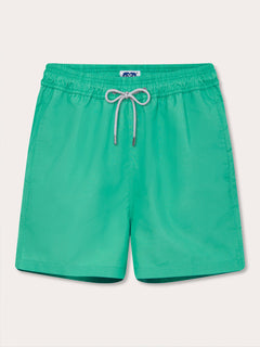 Men's Sicilian Green Staniel Swim Shorts made from 100% recycled, quick-drying material. Plain swim shorts featuring an adjustable waistband and vibrant green color inspired by Sicily's natural beauty.