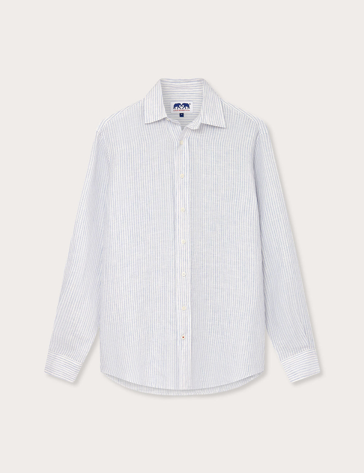 Men's Sky Lines Abaco Linen Shirt front view. Patterned mens linen shirt in blue and white.