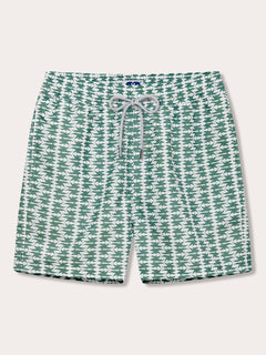 Men's swim shorts with Dolphins of Greece print in green and white, featuring a drawstring waistband.