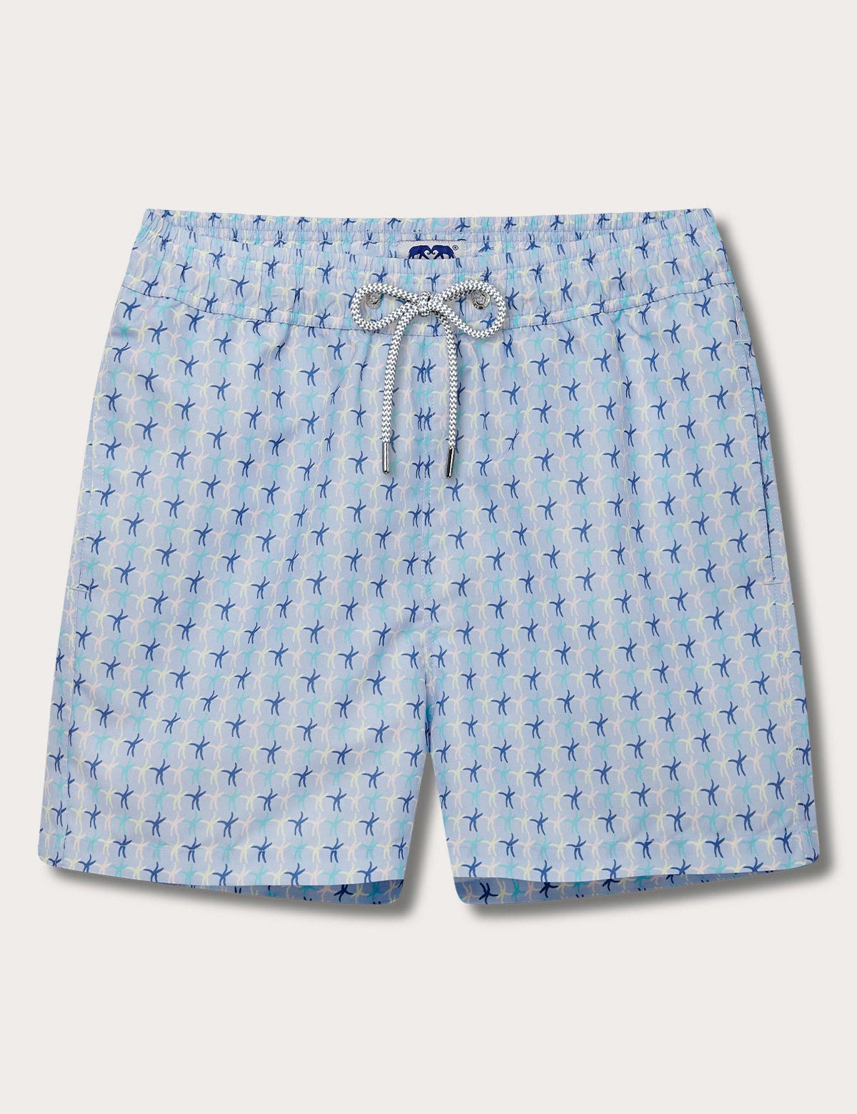 Men's Star Dancer Staniel Swim Shorts with a sea star design in pastel pink, limoncello, cay green, and ocean blue. Patterned swim shorts made from quick-drying recycled fabric.