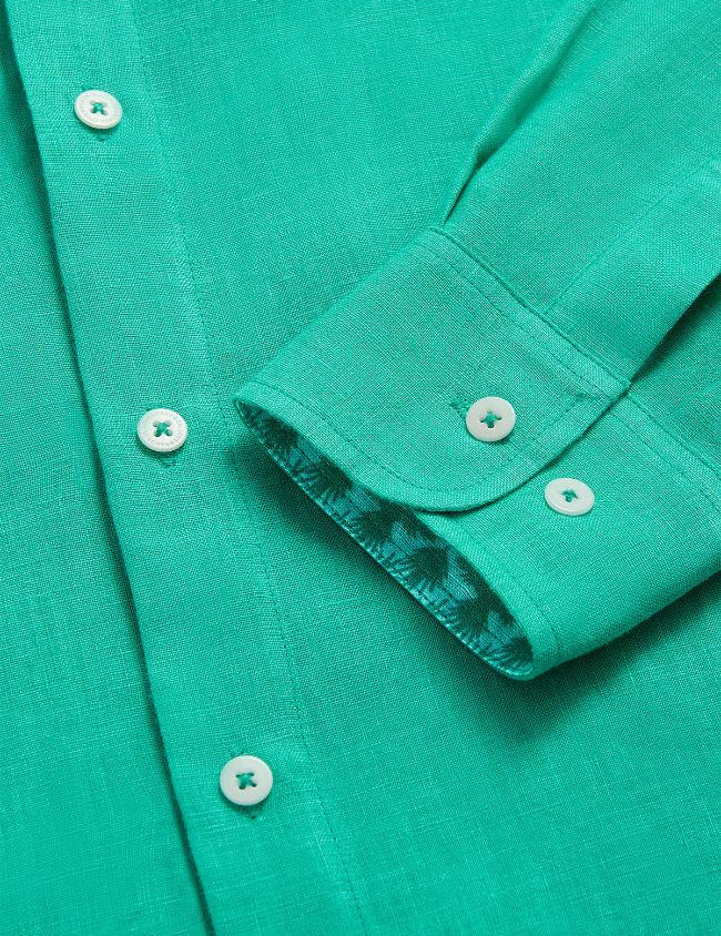 Men's Sicilian Green Maycock Linen Shirt with Buttoned Cuffs and Tropical Palm Leaves and Eagles Hidden Print.Old money shirts made from 100% linen.