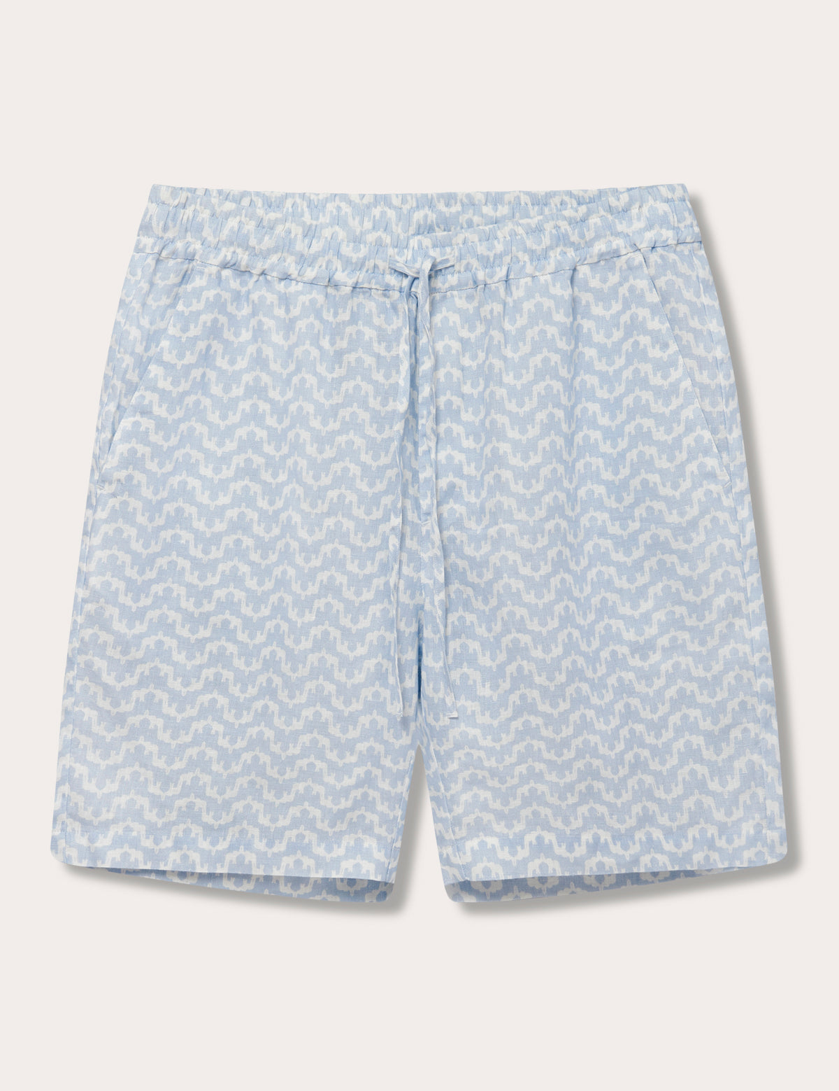 Men's Elephant Palace Sky Joulter Linen Shorts crafted from lightweight linen featuring a unique sky blue elephant and palace print design.