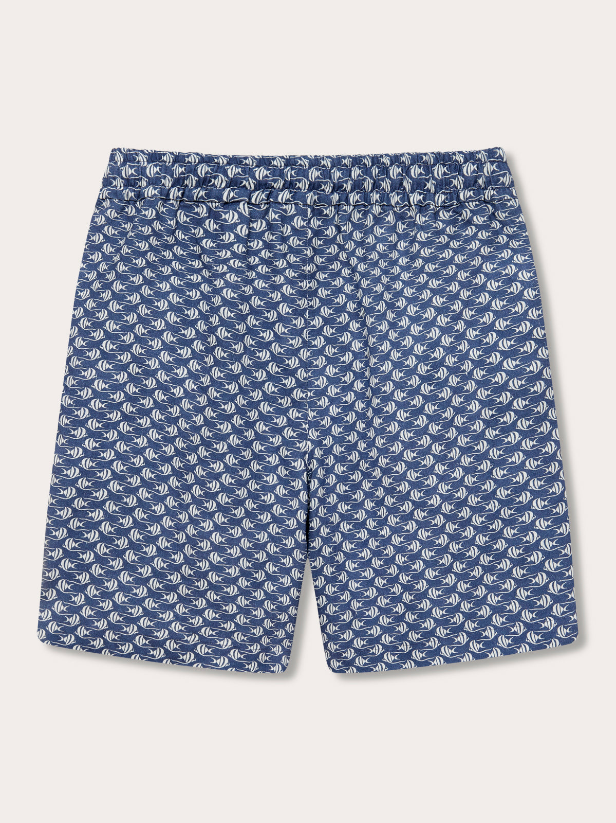 Men's Go With the Flow Joulter Linen Shorts featuring a unique Moorish Idol fish print on a deep blue base.