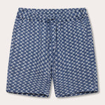 Men's Go With the Flow Joulter Linen Shorts with Moorish Idol fish print on deep blue base.