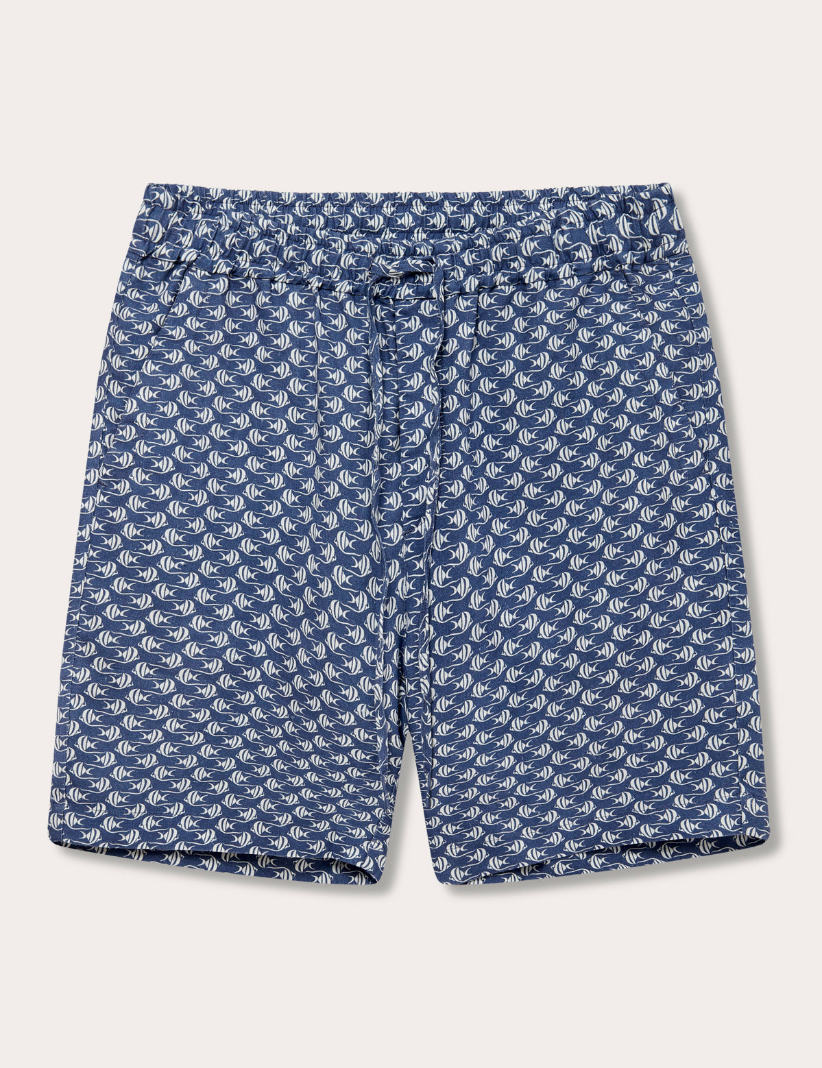 Men's Go With the Flow Joulter Linen Shorts with Moorish Idol fish print on deep blue base.