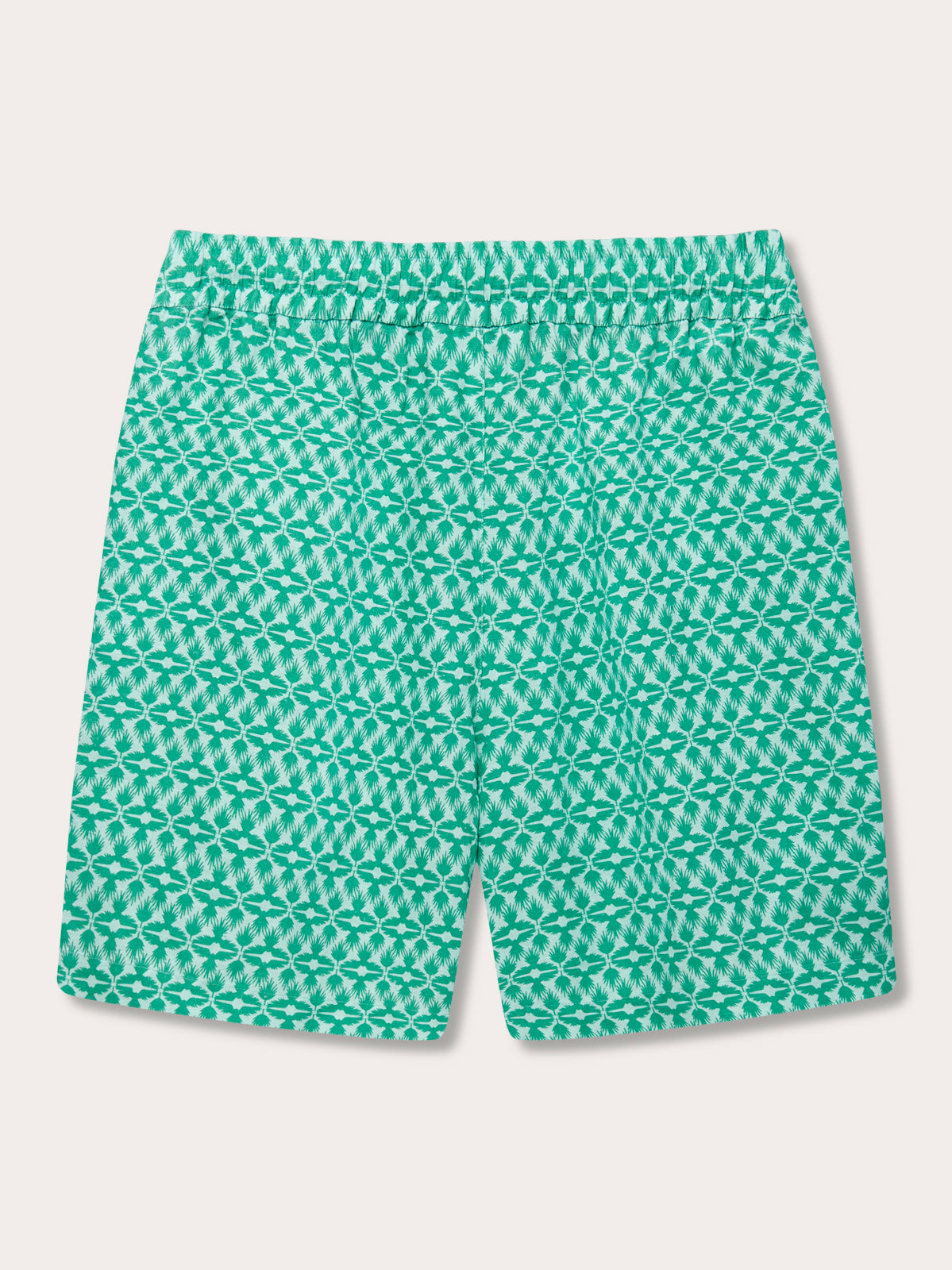 Men's Palm Eagle Joulter Linen Shorts in green with a unique pattern inspired by the Lesser Fish Eagle of India and tropical palms.